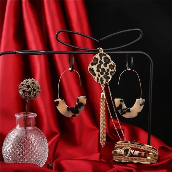 Chic Leopard Print Beret and Jewelry Set French Beret Earrings Bracelet Necklace - Picture 6 of 6